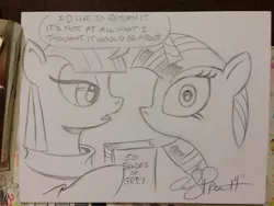 Size: 1024x768 | Tagged: artist:andypriceart, book, derpibooru import, fifty shades of grey, hoof hold, looking at you, maud pie, open mouth, safe, traditional art, twilight sparkle, wide eyes