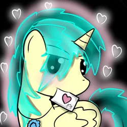 Size: 750x750 | Tagged: safe, artist:pizzaawpon-ee, derpibooru import, oc, unofficial characters only, alicorn, pony, alicorn oc, heart, letter, mouth hold, solo