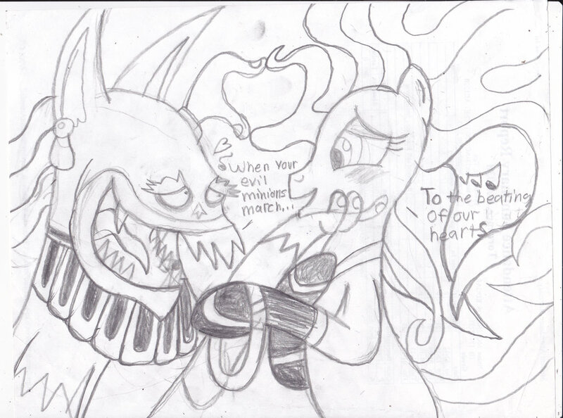 Size: 1024x760 | Tagged: ahui-iac, ahuizotl, artist:toon-n-crossover, evil love, heart, mane-iac, mane-zotl, monochrome, pencil drawing, phineas and ferb, reference, safe, speech bubble, traditional art