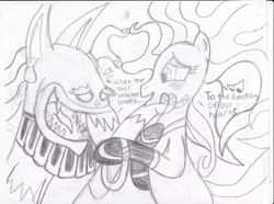 Size: 1024x760 | Tagged: ahui-iac, ahuizotl, artist:toon-n-crossover, evil love, heart, mane-iac, mane-zotl, monochrome, pencil drawing, phineas and ferb, reference, safe, speech bubble, traditional art