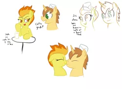 Size: 2442x1790 | Tagged: artist:frikdikulous, coffee, colored, crack shipping, cup, derpibooru import, dialogue, donutfire, donut joe, eyes closed, female, handwritten text, hat, kissing, male, safe, shipping, simple background, sketch, spitfire, straight