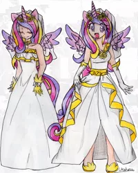 Size: 900x1124 | Tagged: artist:urahana, clothes, derpibooru import, dress, horned humanization, human, humanized, princess cadance, safe, wedding dress, winged humanization