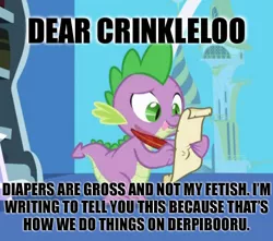 Size: 436x386 | Tagged: safe, derpibooru import, edit, edited screencap, screencap, spike, dragon, friendship is magic, caption, crinkleloo, exploitable meme, letter, male, meme, op cares too much, quill, solo, spike's love letters, tongue out