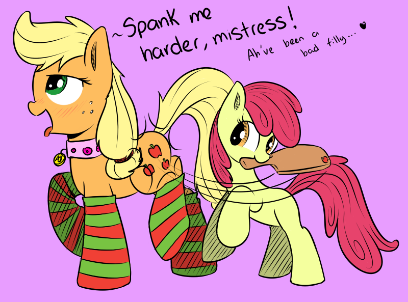 Size: 800x593 | Tagged: apple bloom, applecest, applejack, applejack is a spankaholic, artist:tiki2, artist:xioade, bdsm, bloomjack, clothes, collar, derpibooru import, dialogue, female, femdom, femsub, foalcon, foaldom, incest, lesbian, mare on filly, missing accessory, mistress, mouth hold, paddle, pet play, reverse foalcon, shipping, socks, spanking, striped socks, submissive, suggestive