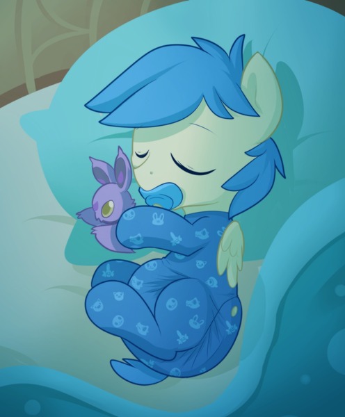 Size: 1280x1549 | Tagged: safe, artist:cuddlehooves, derpibooru import, oc, oc:cobalt arrow, unofficial characters only, eevee, pony, alternate color palette, baby, baby pony, butt flap, crossover, cute, diaper, foal, footed sleeper, pacifier, pokémon, poofy diaper, solo, weapons-grade cute