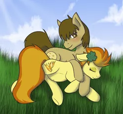 Size: 1080x1000 | Tagged: safe, artist:jumblescarf, derpibooru import, spitfire, oc, oc:chocolate chips, earth pony, pony, belly button, blushing, canon x oc, clover, cuddling, cute, eyes closed, female, firechips, floppy ears, four leaf clover, freckles, hug, love, male, mare, pregnant, shipping, side, smiling, snuggling, stallion, straight, wingless