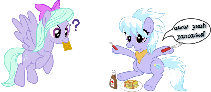 Size: 6851x3000 | Tagged: absurd resolution, artist:umbravivens, bow, breakfast, butter, butter knife, cloudchaser, derpibooru import, flitter, floating, food, fork, handkerchief, maple syrup, mouth hold, nom, pancakes, plate, question mark, safe, simple background, sitting, smiling, speech bubble, transparent background, vector, waffle