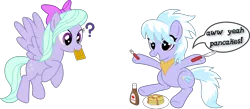 Size: 6851x3000 | Tagged: absurd resolution, artist:umbravivens, bow, breakfast, butter, butter knife, cloudchaser, derpibooru import, flitter, floating, food, fork, handkerchief, maple syrup, mouth hold, nom, pancakes, plate, question mark, safe, simple background, sitting, smiling, speech bubble, transparent background, vector, waffle