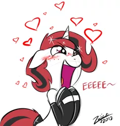 Size: 426x449 | Tagged: safe, artist:zajice, derpibooru import, oc, oc:lilith, unofficial characters only, pony, succubus, unicorn, blushing, clothes, cute, eeee, female, floppy ears, happy, heart, leggings, mare, ocbetes, open mouth, screaming, simple background, smiling, socks, solo, sparkles, stockings, tail wrap, white background