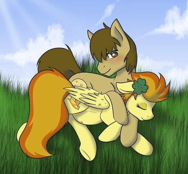 Size: 1280x1185 | Tagged: safe, artist:jumblescarf, derpibooru import, spitfire, oc, oc:chocolate chips, earth pony, pegasus, pony, belly button, blushing, canon x oc, clover, cuddling, cute, eyes closed, female, firechips, floppy ears, four leaf clover, freckles, hug, love, male, mare, pregnant, shipping, side, smiling, snuggling, stallion, straight, wings