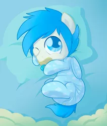 Size: 1605x1896 | Tagged: artist:cuddlehooves, colt, cute, derpibooru import, diaper, footed sleeper, male, oc, oc:threadspinner, pacifier, poofy diaper, safe, solo, unofficial characters only, weapons-grade cute