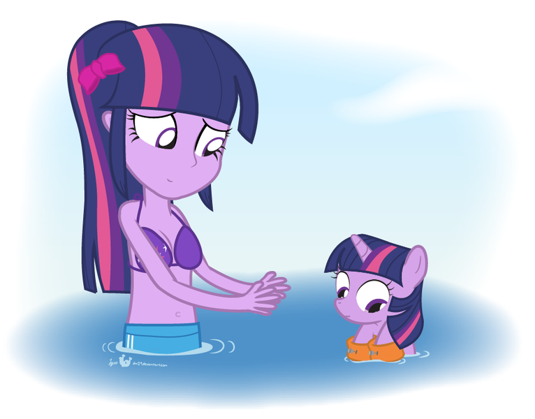 Size: 900x705 | Tagged: safe, artist:dm29, derpibooru import, twilight sparkle, equestria girls, alternate hairstyle, belly button, bikini, cleavage, clothes, cute, duo, female, filly, human ponidox, julian yeo is trying to murder us, pony pet, ponytail, square crossover, swimming, swimsuit, twiabetes, water wings