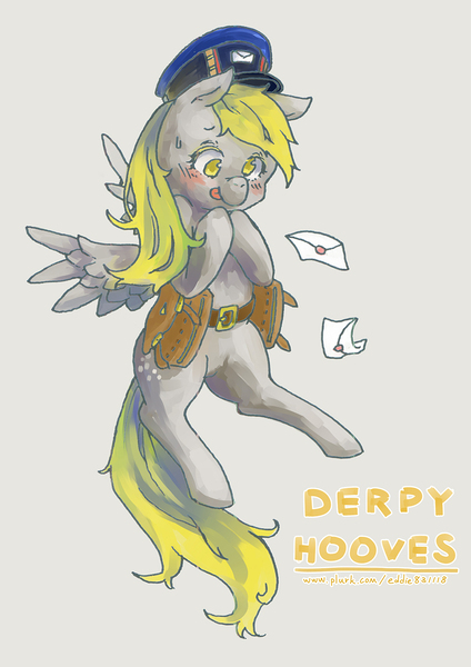 Size: 992x1403 | Tagged: safe, artist:kuang-han, derpibooru import, derpy hooves, pegasus, pony, female, mailbag, mailpony, mare, pixiv, solo