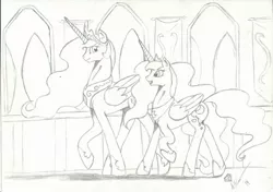 Size: 1024x722 | Tagged: artist:flanaganisking, derpibooru import, monochrome, princess celestia, princess luna, safe, traditional art, walking