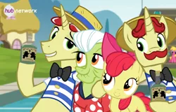 Size: 526x336 | Tagged: safe, derpibooru import, official, screencap, apple bloom, cherry berry, flam, flim, granny smith, earth pony, pony, unicorn, leap of faith, female, filly, flim flam brothers, flim flam miracle curative tonic, foal, hub logo, male, mare, stallion, the hub, tonic