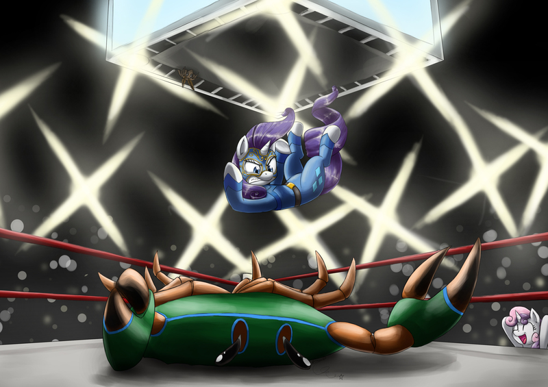 Size: 3591x2534 | Tagged: safe, artist:otakuap, derpibooru import, rarity, sweetie belle, oc, oc:fluffy the bringer of darkness, crab, giant crab, giant moth, moth, pony, unicorn, body slam, cheering, clothes, costume, elbow drop, eyes closed, female, filly, foal, glare, gritted teeth, hilarious in hindsight, luchador, mare, on back, open mouth, rarity fighting a giant crab, smiling, wrestling