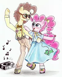 Size: 2204x2720 | Tagged: safe, artist:oriwhitedeer, derpibooru import, cheese sandwich, pinkie pie, pony, bipedal, cheesepie, clothes, dancing, dress, female, male, music, shipping, straight, traditional art