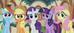 Size: 1280x580 | Tagged: amused, animated, applejack, cake, cropped, cute, derpibooru import, dessert, donut, eclair, exchanging looks, fluttershy, friendship express, lip bite, looking at you, mmmystery on the friendship express, pov, rainbow dash, rarity, safe, screencap, skeptical, smirk, stunned, train, twilight sparkle