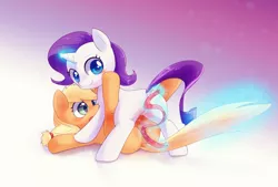 Size: 2760x1864 | Tagged: suggestive, artist:apricolor, derpibooru import, applejack, rarity, earth pony, pony, unicorn, blushing, butt, cute, dock, dressup, female, filly, filly applejack, filly rarity, foalcon, freckles, lesbian, looking back, magic, on back, on top, open mouth, plot, rarijack, ribbon, shipping, smiling, strategically covered, tail pull, telekinesis, younger