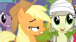 Size: 641x351 | Tagged: safe, derpibooru import, screencap, applejack, jinx, earth pony, pony, leap of faith, bad quality, bandage, bandaged head, bow, female, hair bow, mare, mid-blink screencap, pigtails