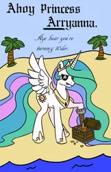 Size: 1650x2550 | Tagged: amputee, artist:bees, birthday card, derpibooru import, peg leg, pirate, princess celestia, prosthetic leg, prosthetic limb, prosthetics, safe, solo