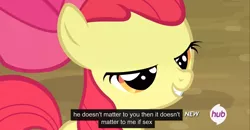 Size: 1600x830 | Tagged: all new, apple bloom, bedroom eyes, caption, derpibooru import, edit, edited screencap, hub logo, leap of faith, meme, screencap, solo, suggestive, text, youtube caption