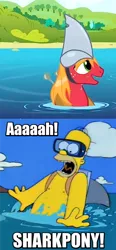 Size: 444x959 | Tagged: safe, derpibooru import, big macintosh, earth pony, pony, shark, leap of faith, homer simpson, image macro, male, meme, shark hat, stallion, swimming hole, the simpsons