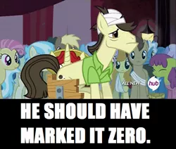 Size: 576x488 | Tagged: safe, derpibooru import, edit, edited screencap, screencap, candy mane, carrot top, cultivar, doctor whooves, flam, golden harvest, pokey pierce, rainbowshine, theodore donald "donny" kerabatsos, time turner, earth pony, pony, unicorn, leap of faith, bandage, caption, clothes, donny, hub logo, image macro, male, shirt, stallion, text, the big lebowski, wheelchair