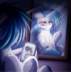 Size: 900x914 | Tagged: safe, artist:inuhoshi-to-darkpen, derpibooru import, octavia melody, vinyl scratch, female, floppy ears, fluffy, frown, hoof hold, lesbian, mirror, phone, reflection, sad, scratchtavia, shipping, unshorn fetlocks