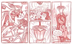 Size: 800x494 | Tagged: alternate universe, artist:vavacung, bouquet, cake, chryslestia, comic, comic:when villain win, derpibooru import, eating, female, lesbian, monochrome, princess cadance, queen chrysalis, rarity, safe, shipping, sweatdrop, wedding