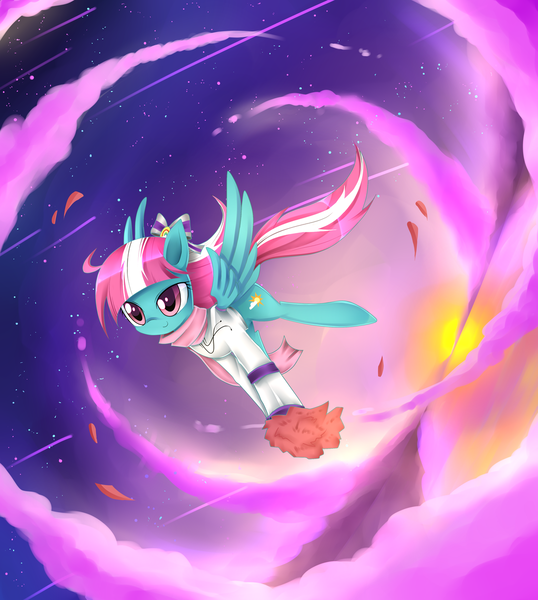 Size: 1024x1141 | Tagged: safe, artist:cyanaeolin, derpibooru import, spring step, sunlight spring, pegasus, pony, bow, cheerleader, clothes, cloud, cloudy, flying, gift art, hoodie, pom pom, scarf, solo, stars, sun