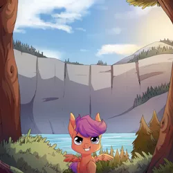 Size: 2000x2000 | Tagged: safe, artist:risu-nya, derpibooru import, scootaloo, pegasus, pony, adventure, cliff, determined, eager, filly, forest, keen, lake, outdoors, scenery, solo