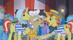 Size: 1394x762 | Tagged: cultivar, derpibooru import, flam, flim, flim flam brothers, geri, hub logo, leap of faith, meme, not coco, pokey pierce, rainbowshine, safe, screencap, youtube caption