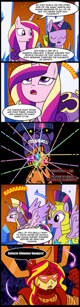 Size: 551x2100 | Tagged: safe, artist:madmax, derpibooru import, princess cadance, sunset shimmer, twilight sparkle, human, equestria girls, armor, comic, galactus, infinity gauntlet, infinity gems, marvel, parody, thanos