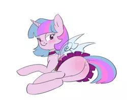 Size: 876x690 | Tagged: artist:carnifex, blushing, butt blush, choker, clothes, cold blooded twilight, derpibooru import, female, plot, skirt, solo, solo female, suggestive, twilight sparkle, wings