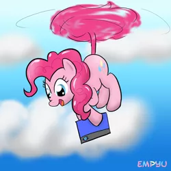 Size: 1000x1000 | Tagged: 30 minute art challenge, artist:empyu, derpibooru import, helicopter, hilarious in hindsight, pinkiecopter, pinkie pie, safe, solo, tailcopter