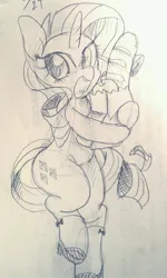 Size: 734x1224 | Tagged: safe, artist:kyubi, derpibooru import, rarity, pony, apple, bipedal, bread, food, grayscale, monochrome, paper bag, shopping, solo, traditional art