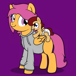 Size: 1280x1280 | Tagged: safe, artist:fillyscoots42, derpibooru import, scootaloo, oc, oc:lightning blitz, pegasus, pony, baby, baby pony, colt, diaper, duo, female, foal, male, mother and son, motherly scootaloo, offspring, older, older scootaloo, parent:rain catcher, parent:scootaloo, parents:catcherloo, ponies riding ponies, purple background, simple background