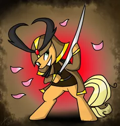 Size: 850x896 | Tagged: safe, artist:daisy-dictator, derpibooru import, applejack, pony, bipedal, katana, samurai, samurai applejack, solo, sword, weapon