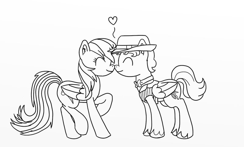 Size: 1384x834 | Tagged: safe, artist:godzelda123, artist:lordjeremy55, derpibooru import, rainbow dash, oc, oc:storm chaser, boop, canon x oc, cute, eyes closed, hat, heart, male, monochrome, noseboop, nuzzling, raised hoof, raised leg, shipping, smiling, straight, trilby