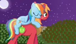 Size: 800x470 | Tagged: safe, artist:karmadash, derpibooru import, big macintosh, rainbow dash, earth pony, pony, carrying, cute, eyes closed, male, moon, night, ponies riding ponies, rainbowmac, shipping, sleeping, smiling, stallion, straight, tree