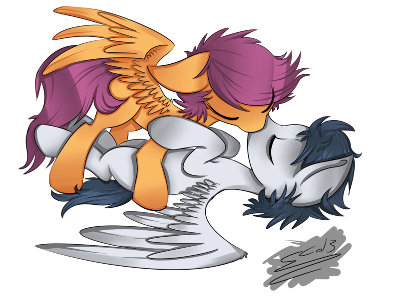 Size: 3898x2948 | Tagged: safe, artist:scootaloocuteness, derpibooru import, rumble, scootaloo, cute, eyes closed, female, floppy ears, kissing, lying, male, older, on back, rumbloo, shipping, simple background, spread wings, straight