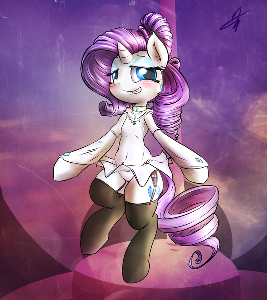 Size: 4000x4500 | Tagged: questionable, artist:kyodashiro, derpibooru import, rarity, pony, semi-anthro, bedroom eyes, bipedal, blushing, cameltoe, clothes, dress, female, garters, panties, skirt, smiling, solo, solo female, stockings, underwear, upskirt