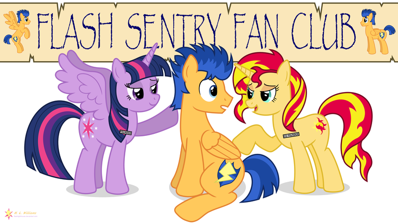 Size: 3840x2160 | Tagged: safe, artist:flashlighthouse, derpibooru import, flash sentry, sunset shimmer, twilight sparkle, twilight sparkle (alicorn), alicorn, pegasus, pony, unicorn, banner, bedroom eyes, female, flash sentry gets all the mares, flashimmer, flashlight, flashlightshimmer, male, shipping, straight, this will end in tears