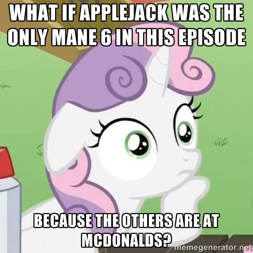 Size: 500x500 | Tagged: applejack, cropped, derpibooru import, edit, edited screencap, floppy ears, hoof on chin, image macro, leap of faith, mcdonald's, meme, ponyville confidential, safe, screencap, solo, sudden clarity sweetie belle, sweetie belle