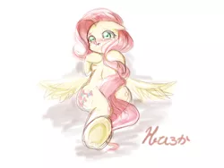 Size: 1600x1200 | Tagged: safe, artist:haruno hiroka, derpibooru import, fluttershy, pegasus, pony, abstract background, blushing, covering, crying, cutie mark, eyebrows, eyelashes, floppy ears, green eyes, open mouth, pink mane, pixiv, solo, tail covering, underhoof, wings
