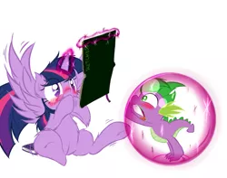 Size: 815x643 | Tagged: safe, artist:frist44, derpibooru import, spike, twilight sparkle, twilight sparkle (alicorn), alicorn, pony, blushing, caught, diary, female, force field, giggling, inside, magic, mare, sketchbook, teasing, this will end in tears and/or death, wingboner