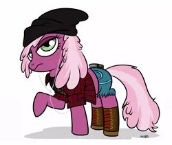 Size: 1024x865 | Tagged: 90s cheerilee, artist:catfood-mcfly, beanie, boots, cheerilee, clothes, derpibooru import, earbuds, grunge, hat, messy mane, nirvana, safe, shirt, shorts, solo, walkman