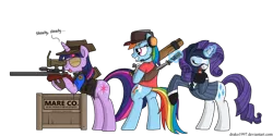 Size: 1024x512 | Tagged: safe, artist:drako1997, derpibooru import, rainbow dash, rarity, twilight sparkle, pegasus, pony, backstab, balisong, baseball bat, bipedal, butterfly knife, comic, crossover, cutie mark, eyes closed, female, glasses, glowing horn, gun, headset, hooves, knife, levitation, magic, mare, necktie, optical sight, rainbow scout, rarispy, rifle, scout, simple background, smiling, sniper, sniper rifle, spy, talking, team fortress 2, teeth, telekinesis, text, tongue out, transparent background, twilight sniper, weapon, wings