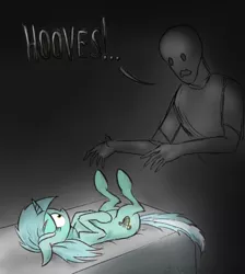 Size: 500x557 | Tagged: artist:el-yeguero, bed, floppy ears, hand fetish, hoof fetish, human, imminent rape, legs in air, lyra heartstrings, nightmare fuel, no face, no thank you, oc, oc:anon, on back, role reversal, safe, scared, wide eyes